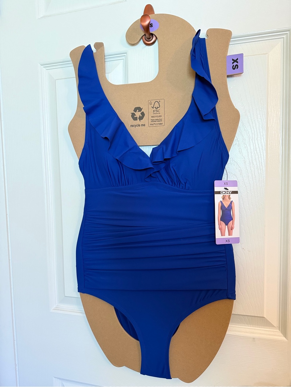 DKNY Royal Blue Ruffle V-Neck One-Piece Swimsuit